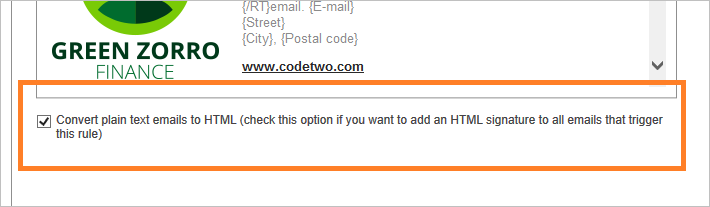 CodeTwo Email Signatures for Office 365 - Converts Plain text emails to HTML
