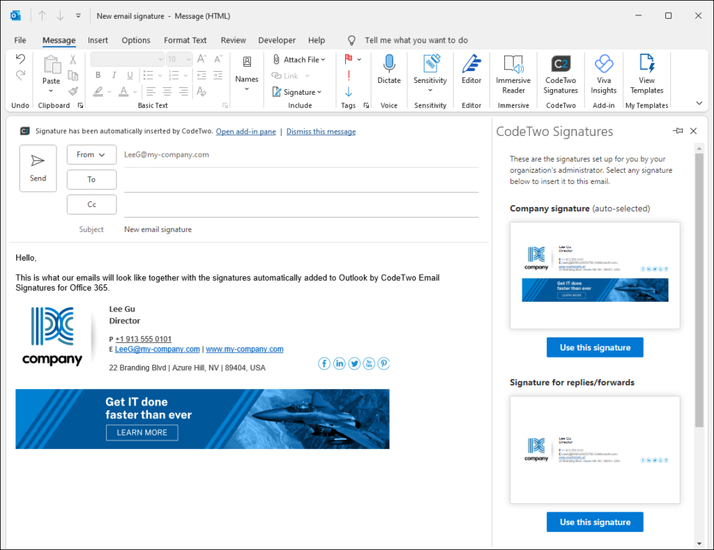 Outlook signature web add-in