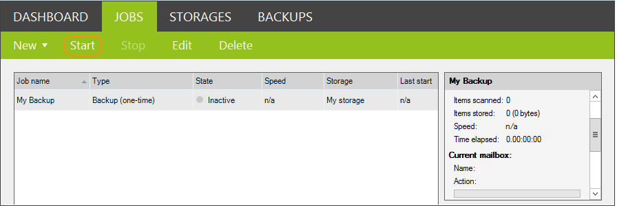 Start the backup job using the Start button under the Jobs tab