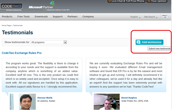 The Add Testimonial button