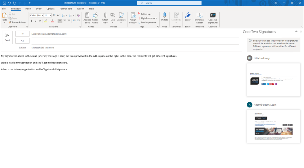 CodeTwo Web add-in server-side preview