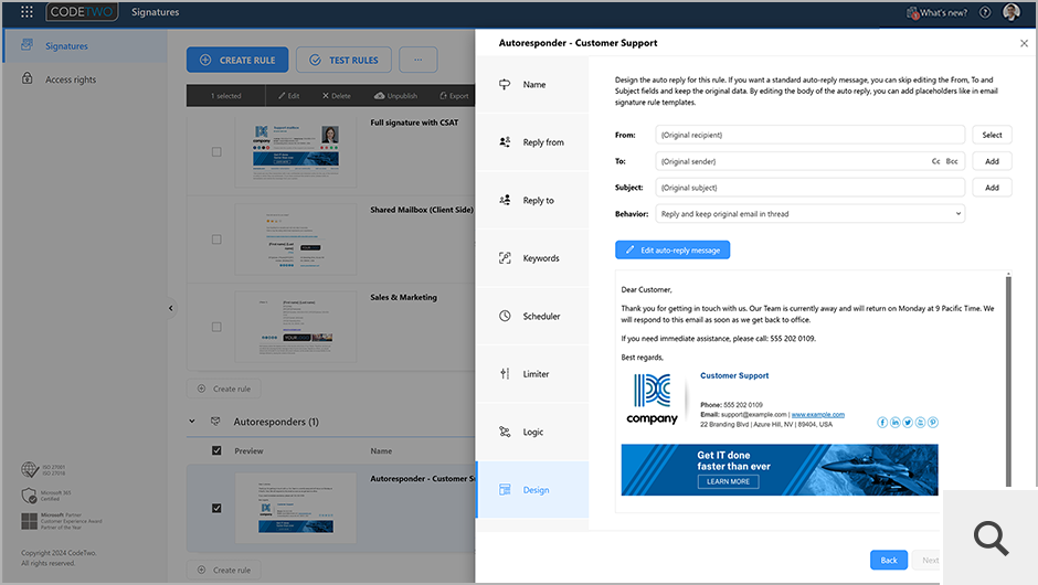 CodeTwo Email Signatures 365 also includes the Autoresponder feature that lets you create and manage auto replies and OOF messages for all users in your organization.