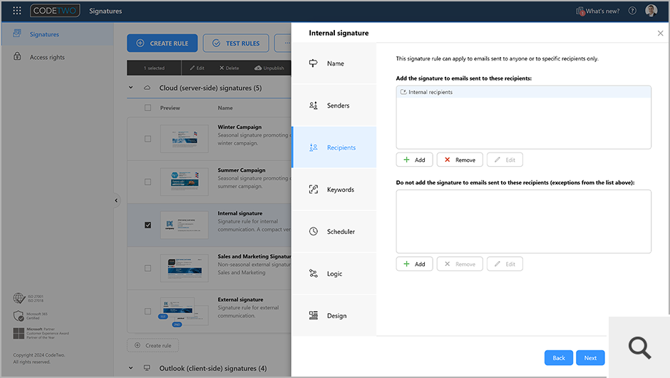 Sign in at app.codetwo.com to create signature rules and design email signature templates. Automatically add signatures to emails based on conditions you specify.