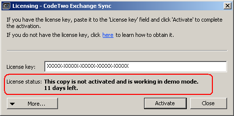 The licensing dialog box showing the number of days left to evaluate the demo.