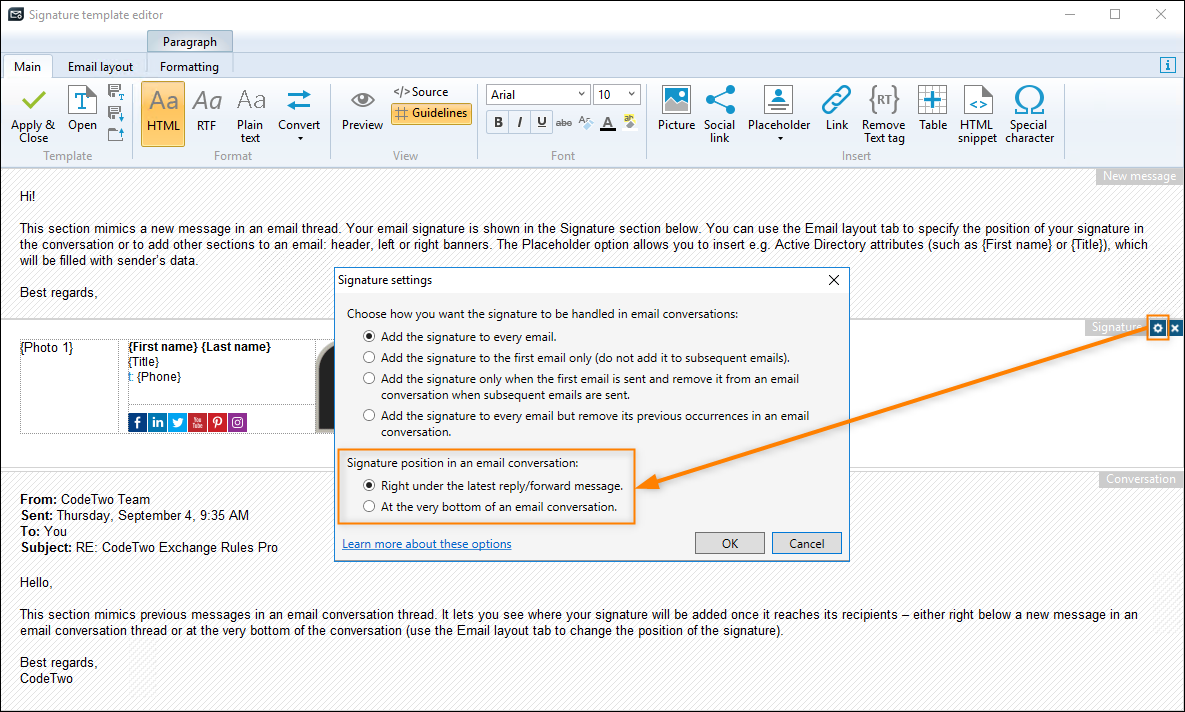 How to add email signatures directly under latest messages