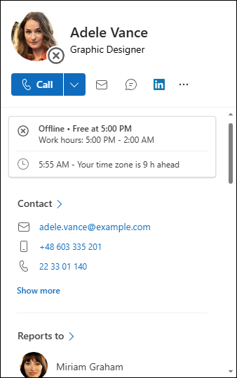 An Active Directory photo displayed in a contact card in Outlook