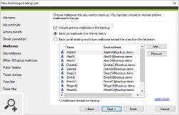 For an Exchange backup job, choose which mailboxes (e.g., user, shared, archive, or group) and public folders to back up.
