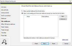 You can also include SharePoint site mailboxes or, if you are backing up Exchange Online, even Office 365 (Microsoft 365) group mailboxes.