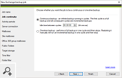 The program can perform continuous or one-time backup jobs. During a continuous backup, Microsoft 365 (Office 365) data is backed up automatically in cycles.