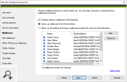 When configuring an Exchange backup job, choose which mailboxes (including archive mailboxes), groups, or public folders to back up. A SharePoint backup job lets you back up site collections, team sites, and OneDrive for Business data.