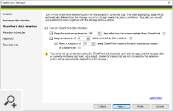 SharePoint retention policy allows you to control the number of backed-up item versions as well as backed-up SharePoint versions of library items. Items deleted from the server can be also automatically deleted from the storage.