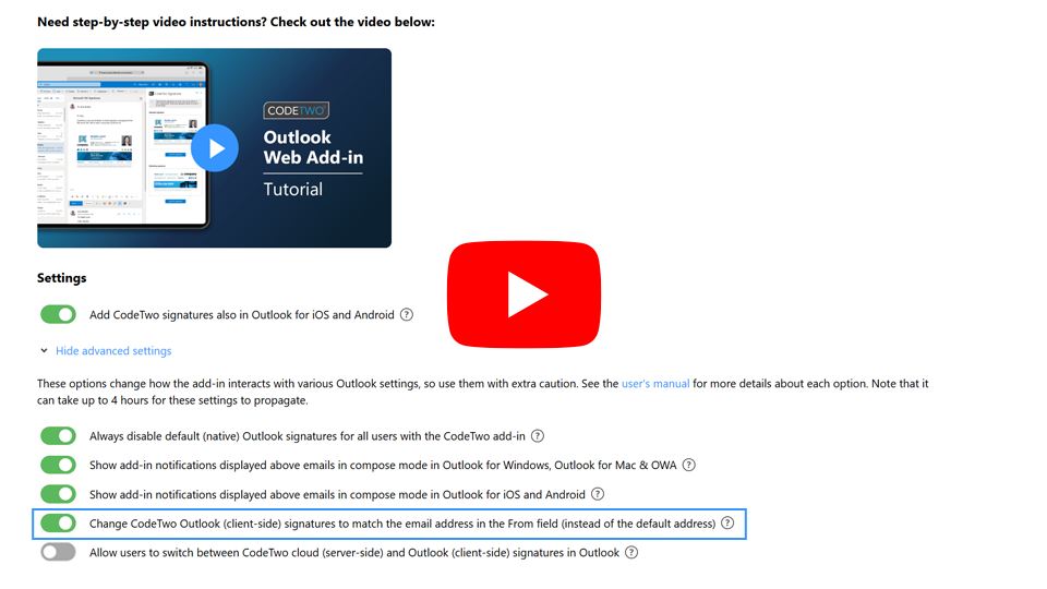 CodeTwo Outlook add-in - Advanced settings