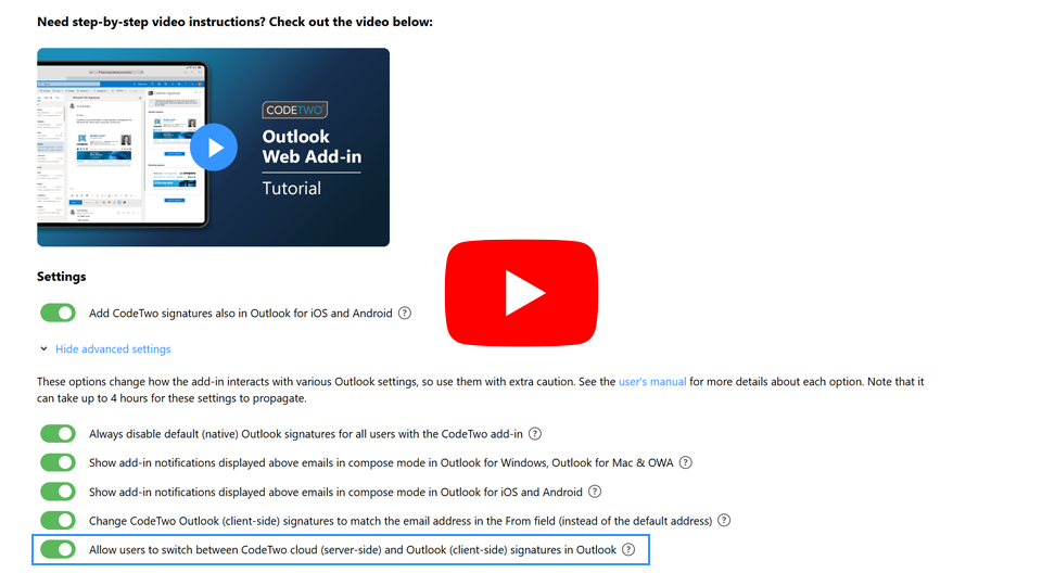 CodeTwo Outlook add-in - Advanced settings