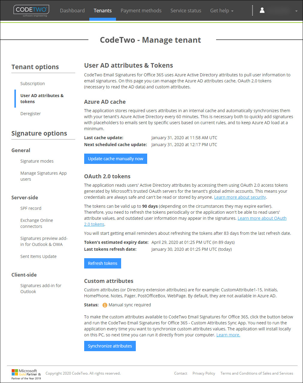 Tenant management - User AD attributes & Tokens | CodeTwo Email ...