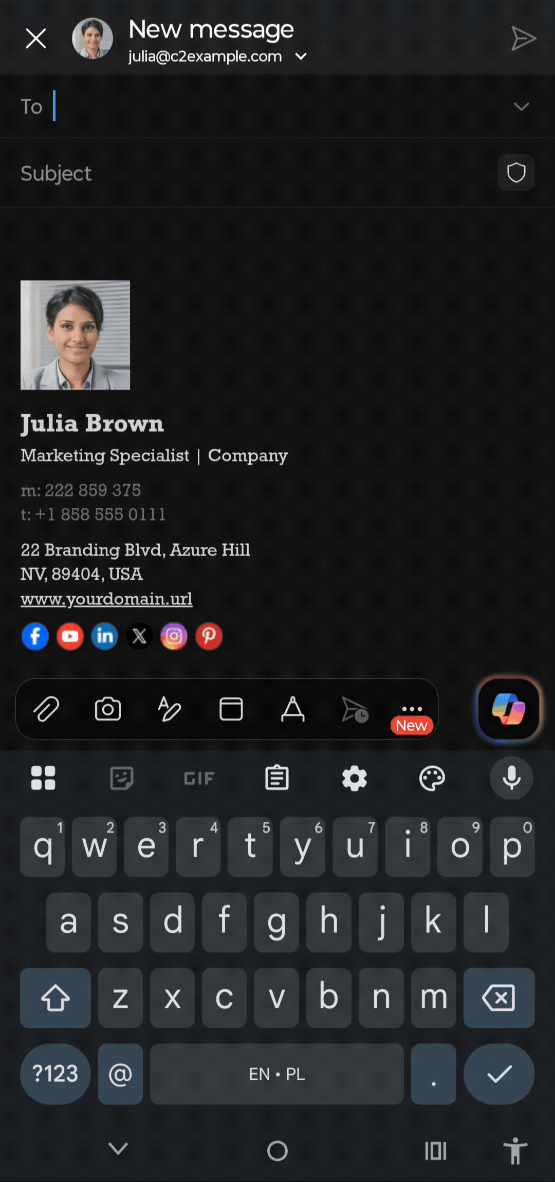 Dynamic CodeTwo signatures in Outlook mobile.