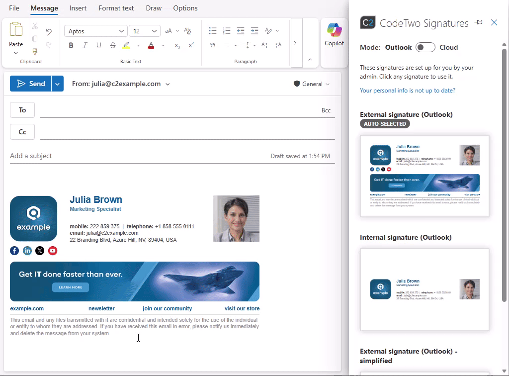 The signature auto-updates when you change the email address to an alias.