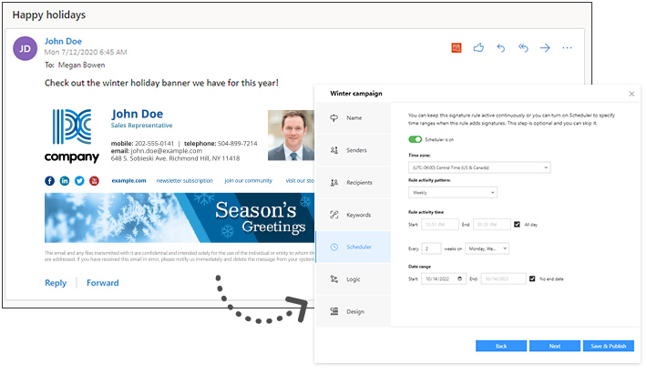 Schedule automatic changes in email signatures
