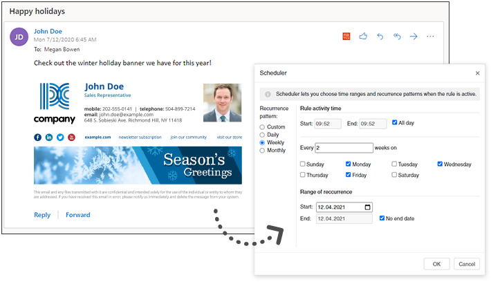 Schedule automatic changes in email signatures