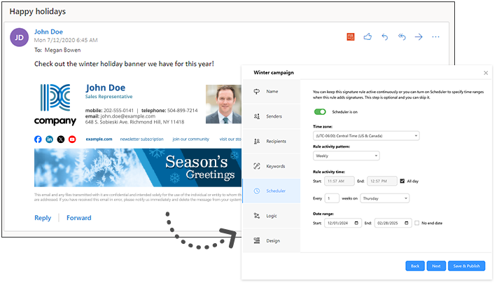 Schedule automatic changes in email signatures