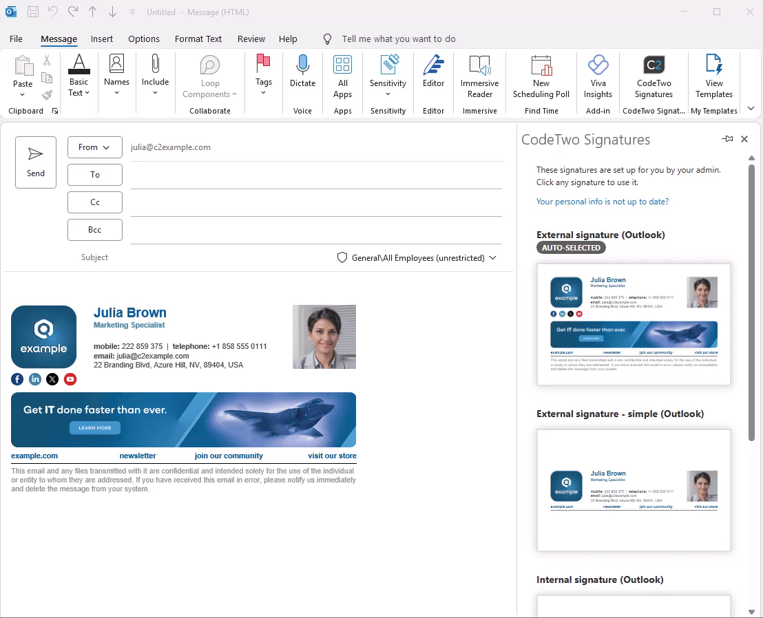 CodeTwo Outlook Add-in automatically adds a signature based on email recipients (in this example, external vs. internal).