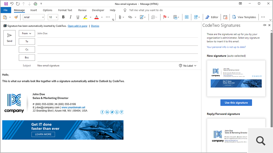 CodeTwo automatically adds signatures either in the cloud (after an email is sent) or directly in Outlook (desktop, mobile & OWA), via a dedicated add-in, as users compose their emails.