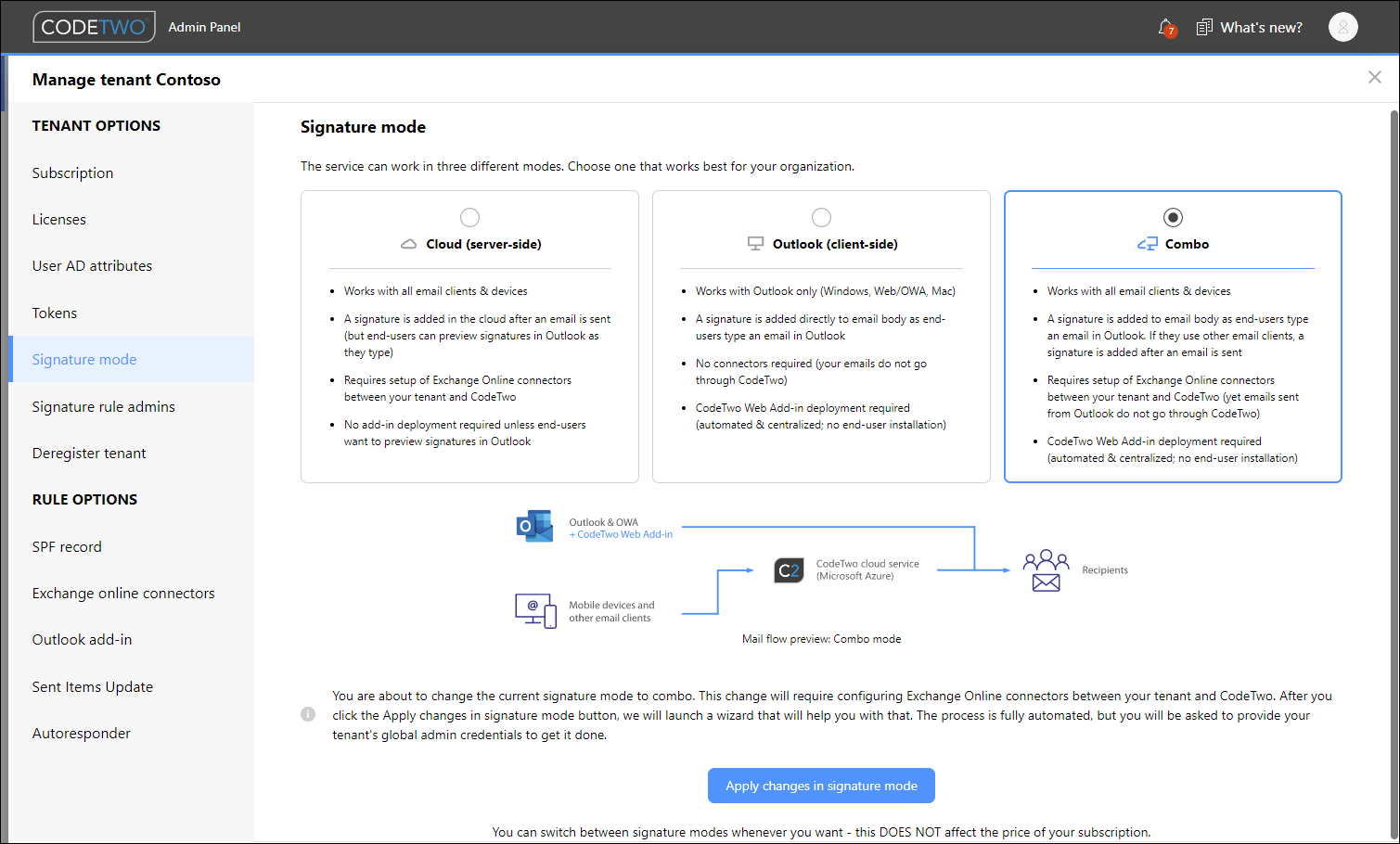 Tenant settings - Manage signature modes | CodeTwo Email Signatures 365 ...