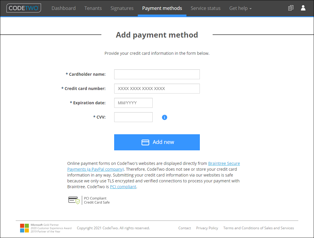 Manage Admins Organization Settings Payment Methods Codetwo Email Signatures For Office 365 User S Manual
