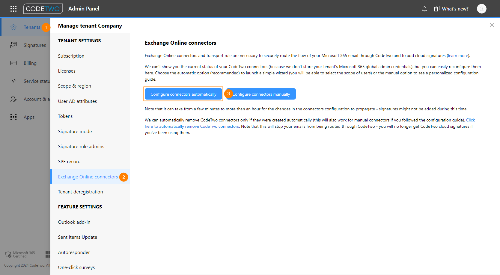 Tenant, admin & organization settings Exchange Online connectors
