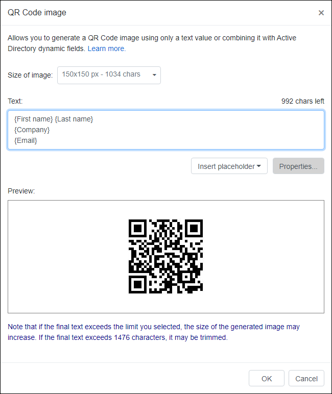 The QR Code image placeholder's configuration window.
