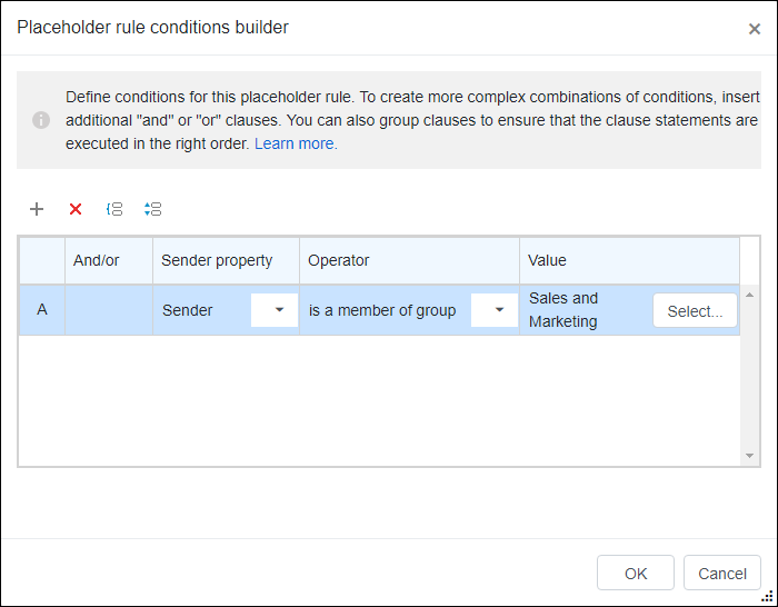 An example of a placeholder rule condition – the rule applies to all senders that belong to the Sales and Marketing group.