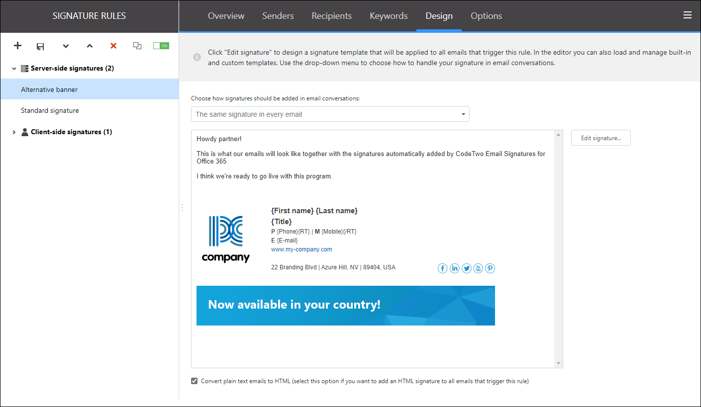 Examples of use Add or suppress signatures with keywords CodeTwo