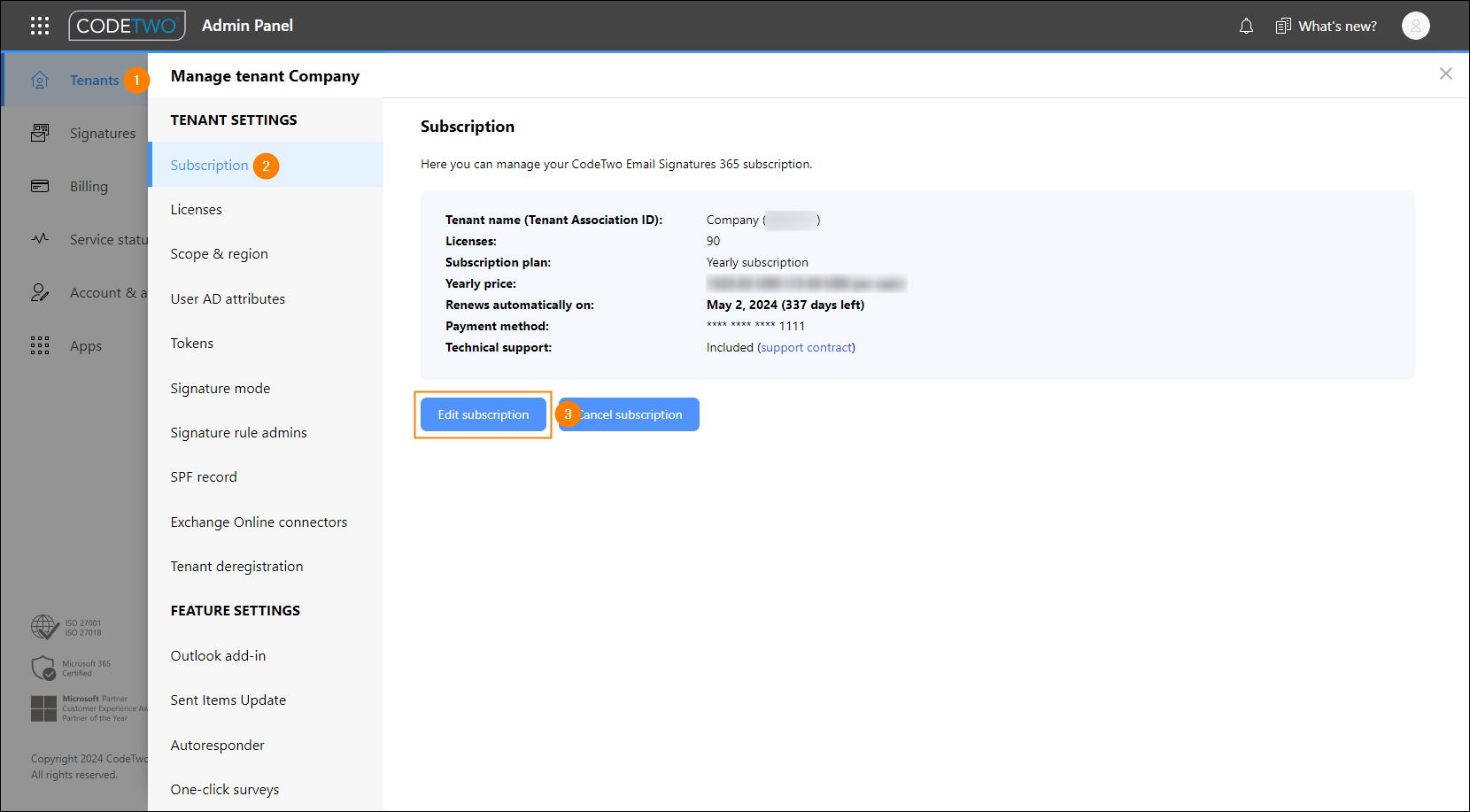 Edit Subscription Codetwo Licensing | CodeTwo Email Signatures 365 User's manual