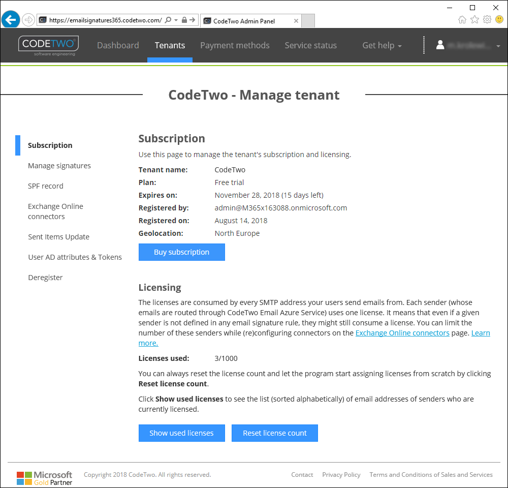 Edit Subscription Codetwo Licensing | CodeTwo Email Signatures for Office 365 User's manual