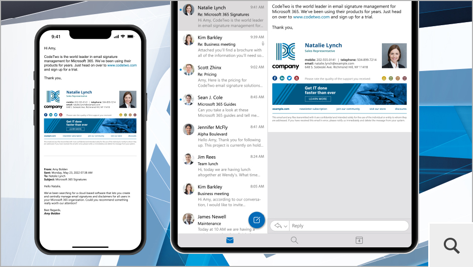 Signatures added with CodeTwo Exchange Rules work with all mail clients that are compatible with Exchange Server, including popular mobile devices running Android and iOS.