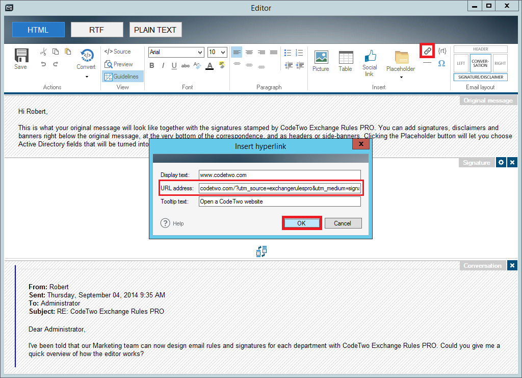 Track link clicks in email signatures