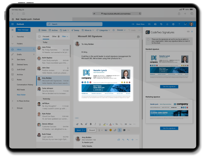 Signatures added directly in Outlook when you compose an email