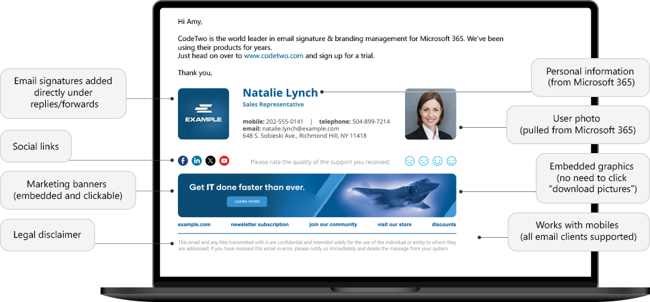Email signature management tool features: banners, disclaimers, replies and forwards, and mobile support