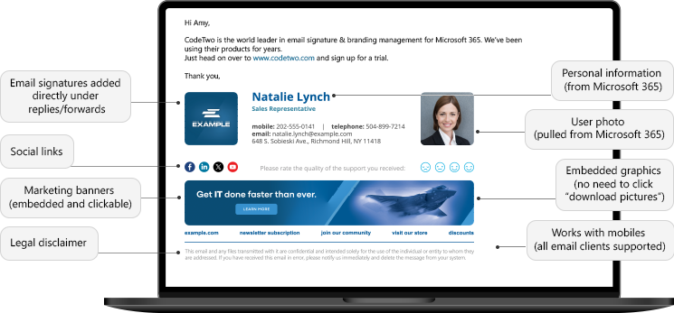Email signature management tool features: banners, disclaimers, replies and forwards, and mobile support