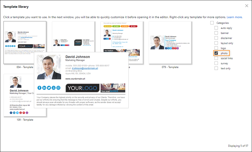 Selecting an email signature template that includes an Office 365 user photo