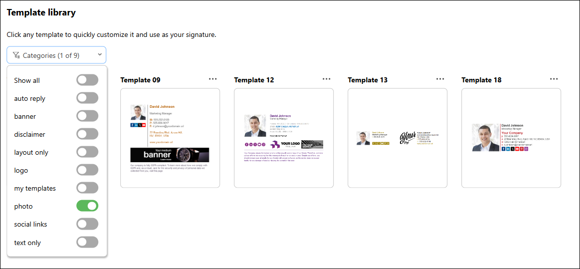 Selecting an email signature template that includes an Office 365 user photo