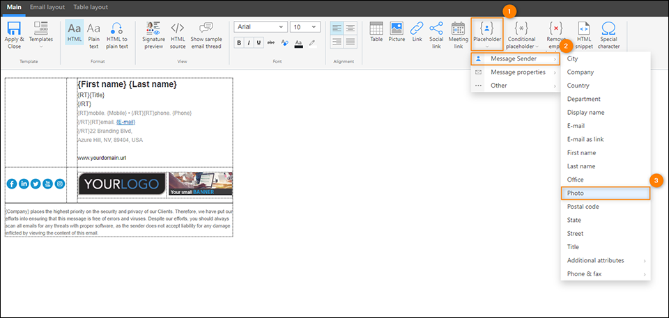 Manually inserting the placeholder that will be replaced with a user photo when the signature is added to an email.