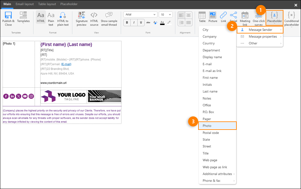 Manually inserting the placeholder that will be replaced with a user photo when the signature is added to an email.