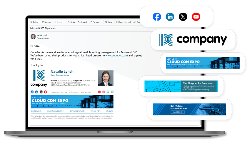 Logos, banners and social media buttons in email signatures.