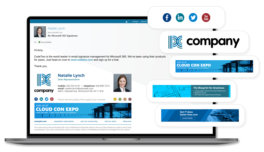 Logos, banners and social media buttons in email signatures.