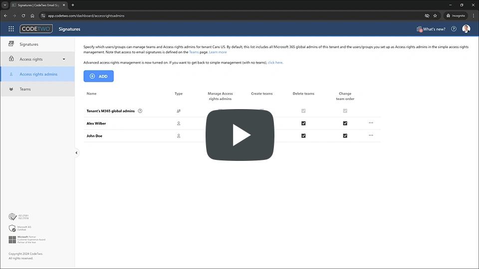 Advanced access rights management in CodeTwo Email Signatures 365