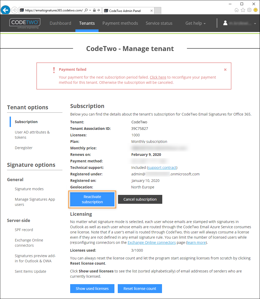 Edit Subscription Codetwo Licensing | CodeTwo Email Signatures for Office 365 User's manual