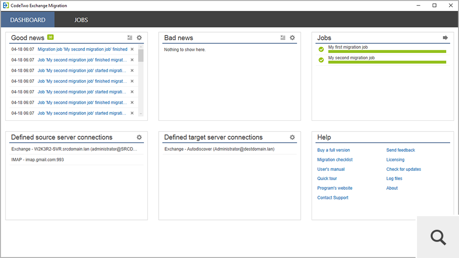 This is the main window of CodeTwo Exchange Migration. From here, you can e.g. quickly navigate to all migration jobs, check the status of the migration process, or configure source and target connections by using server connection wizards.