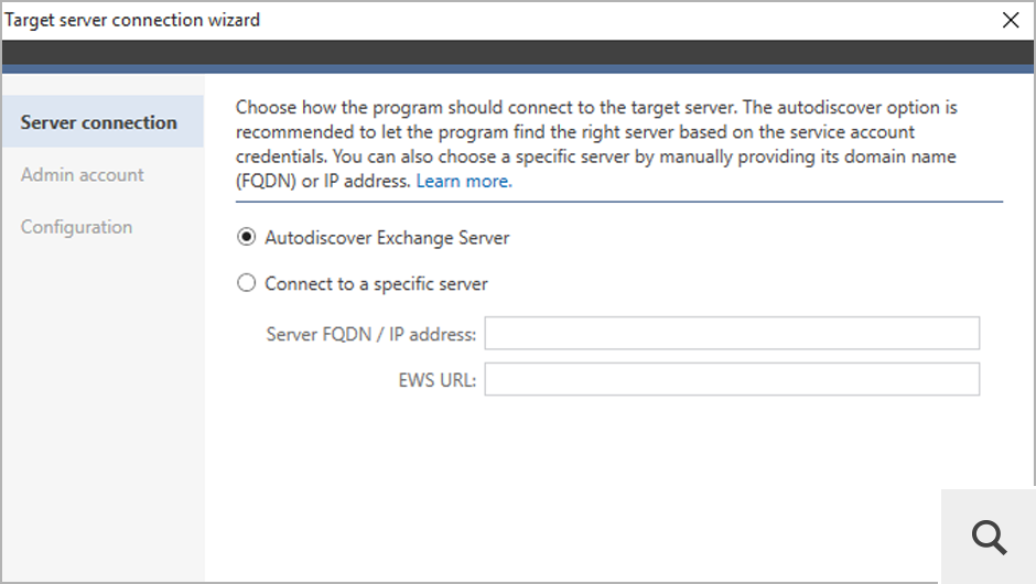 While connecting to a target server, another connection wizard launches to guide you through the connection process.
