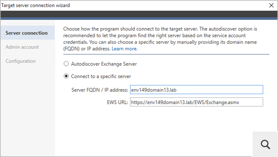 In cross-forest Exchange migrations, the program connects to a target server using EWS. In this scenario, you need configure the EWS URL of the target server.