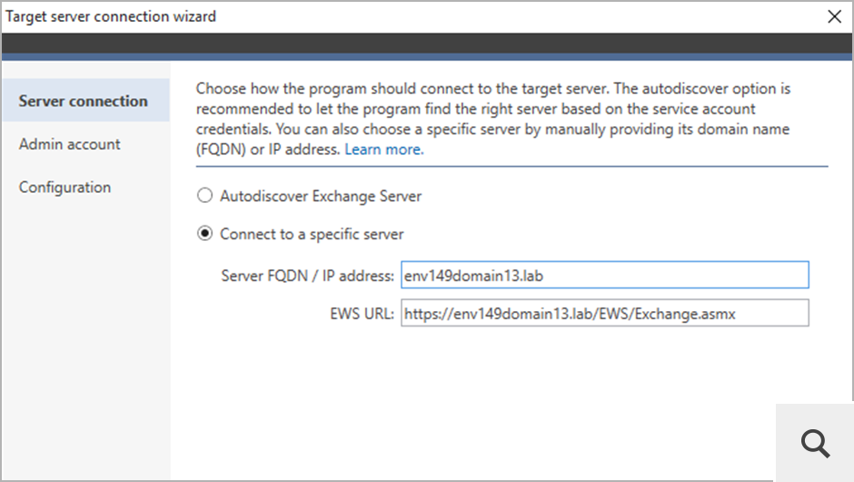 In cross-forest Exchange migrations, the program connects to a target server using EWS. In this scenario, you need configure the EWS URL of the target server.